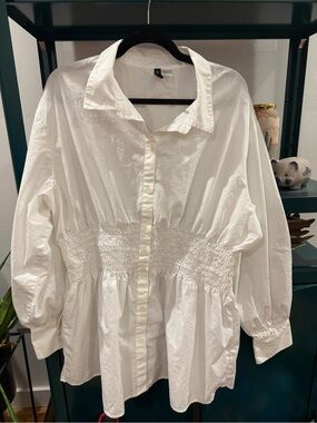 H&M White Button-Front Smocked Waist Blouse